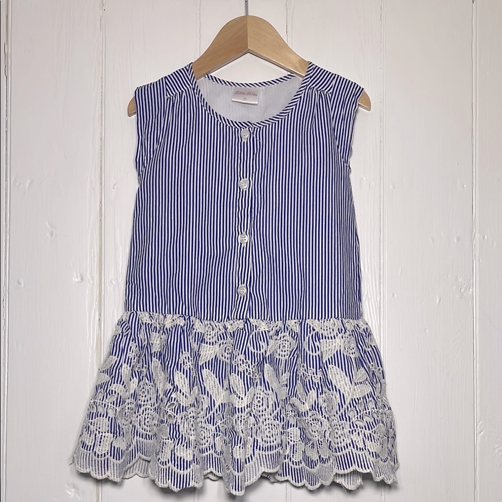LITTLE MISS EUC Striped Lined Button Down Embroidered Drop Waist Dress